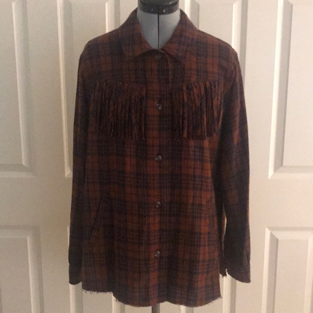 New Democracy Fringed Plaid Flannel Shirt Jacket Western Rust & Black M